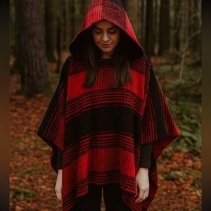 Express Red & Black Plaid Boucle Knit Hooded Open Front Poncho